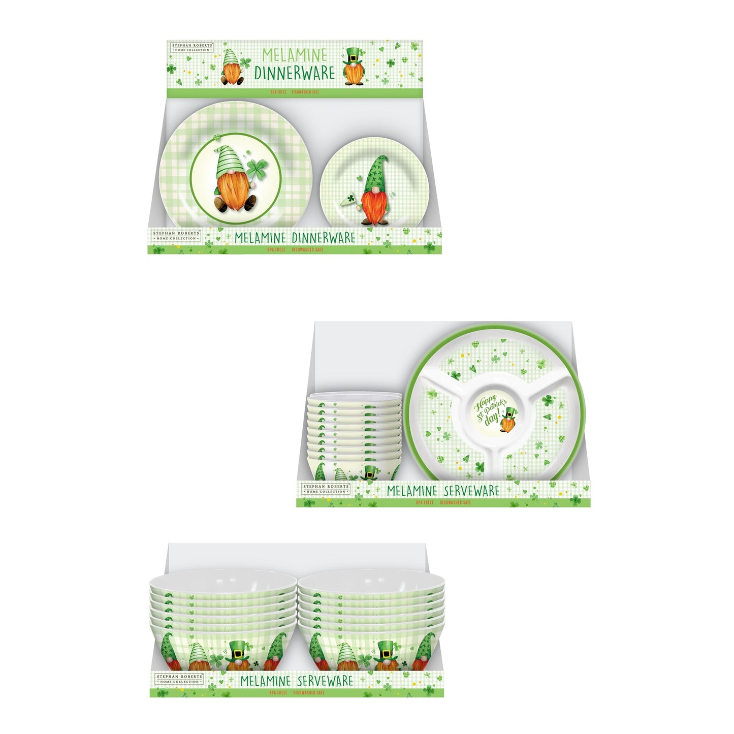 96pc Melamine Dinnerware Assorted PDQs (MH - 22in) - Irish Gnomes