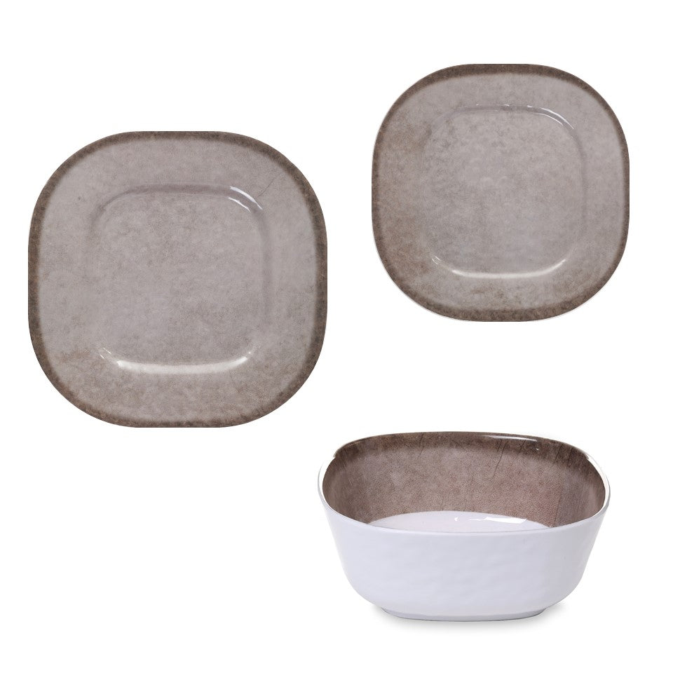 12pc Melamine / PS Soft Squared Dinnerware (01pk E-Com) Set - Ryan Taupe