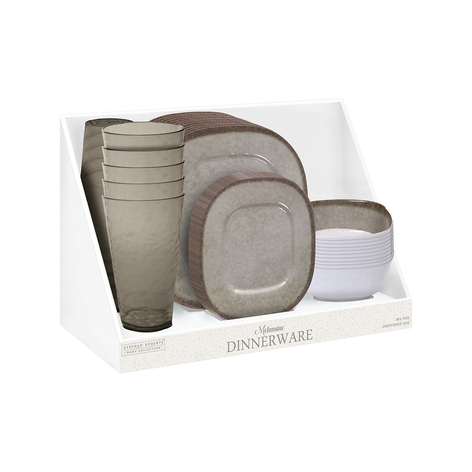 42pc Melamine / PS Soft Squared Dinnerware PDQ Assorted - Ryan Taupe