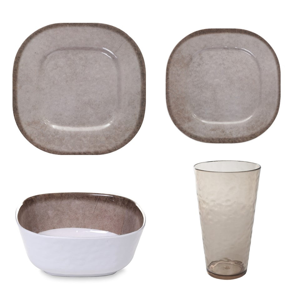 42pc Melamine / PS Soft Squared Dinnerware PDQ Assorted - Ryan Taupe