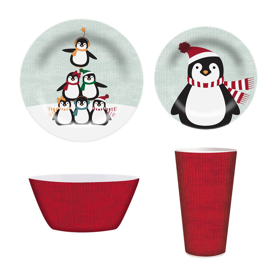 16pc Melamine Dinnerware Assorted Setin Color Box - Playful Penguins